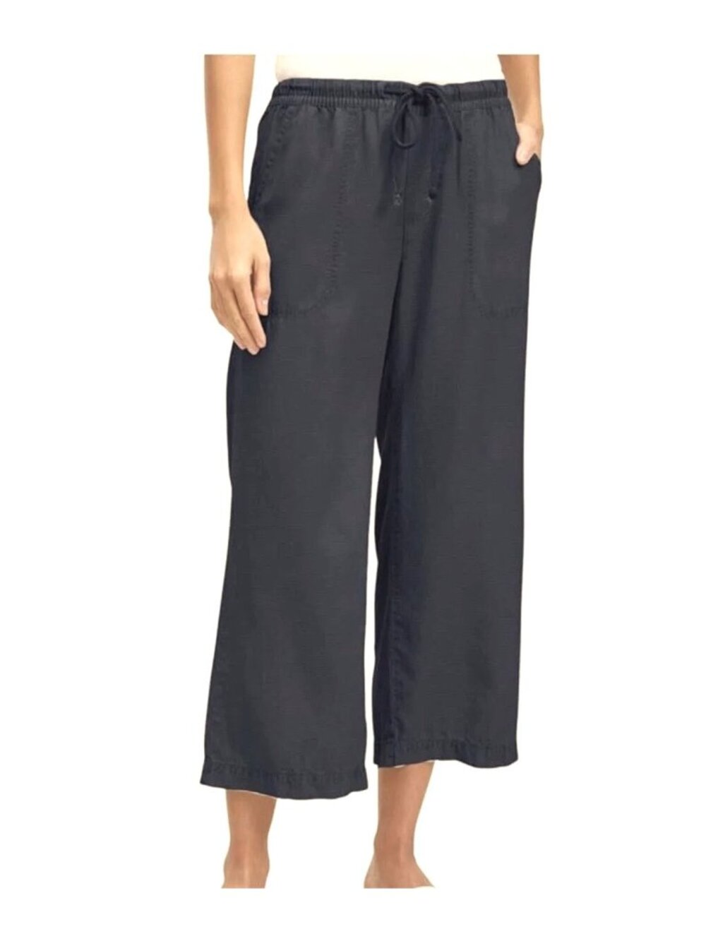 Splendid Black Wide Leg Cropped Ankle Drawstring Pants Linen Blend Pockets Sz L